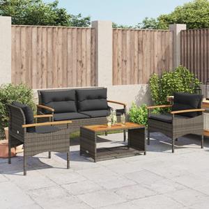 vidaXL 4-delige Loungeset met kussens poly rattan grijs