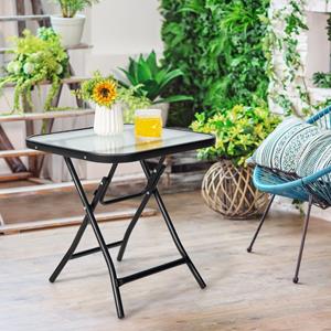 Costway Patio Bijzettafel Vierkante Glazen Tafel met Roestvrij Frame Opvouwbare Koffietafel Zwart