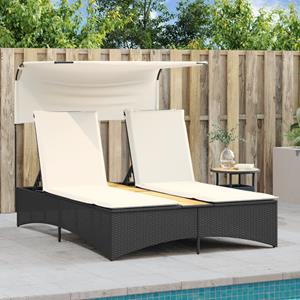 vidaXL Ligbed 2-persoons met luifel en kussens poly rattan zwart