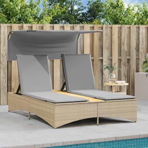 vidaXL Ligbed 2-persoons luifel en kussens poly rattan gemengd beige
