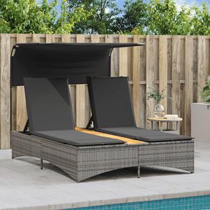 vidaXL Ligbed 2-persoons met luifel en kussens poly rattan grijs