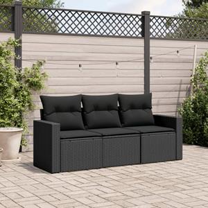 VidaXL 3-delige Loungeset met kussens poly rattan zwart