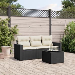 VidaXL 4-delige Loungeset met kussens poly rattan zwart