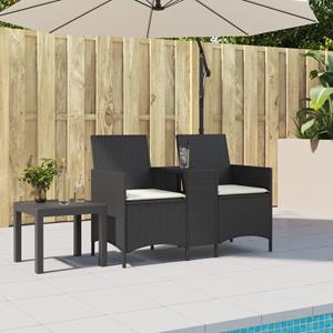 vidaXL Tuinbank 2-zits met tafel en kussens poly rattan zwart