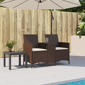 vidaXL Tuinbank 2-zits met tafel en kussens poly rattan bruin