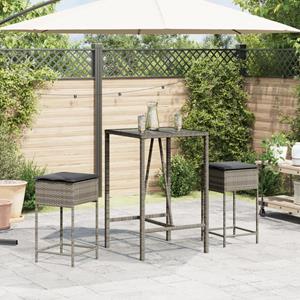 vidaXL 3-delige Tuinbarset met kussens poly rattan grijs