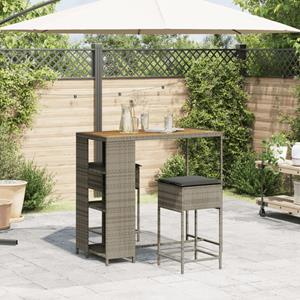 vidaXL 3-delige Tuinbarset met kussens poly rattan grijs