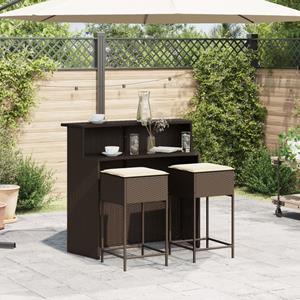 vidaXL 3-delige Tuinbarset met kussens poly rattan bruin
