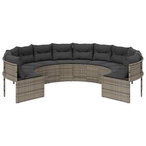 vidaXL Tuinbank met kussens rond poly rattan grijs