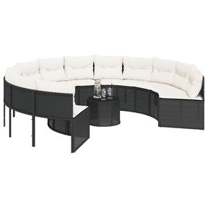 vidaXL Tuinbank met tafel en kussens rond poly rattan zwart