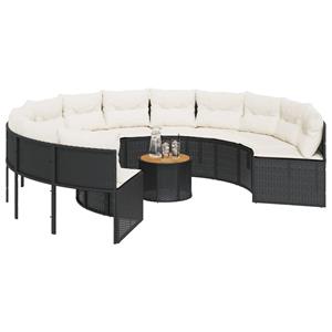 vidaXL Tuinbank met tafel en kussens rond poly rattan zwart