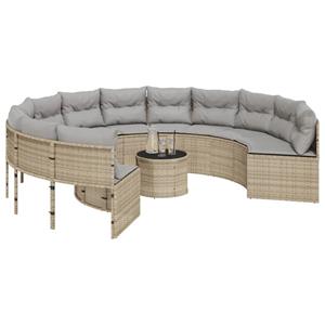 vidaXL Tuinbank met tafel en kussens rond poly rattan beige