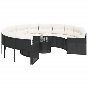 vidaXL Tuinbank met tafel en kussens rond poly rattan zwart