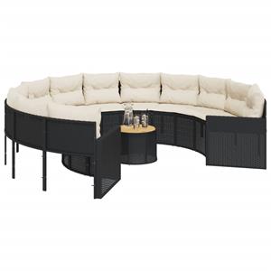 vidaXL Tuinbank met tafel en kussens rond poly rattan zwart