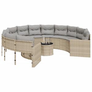 vidaXL Tuinbank met tafel en kussens rond poly rattan beige