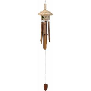 Windgong met vogelhuisje - bamboe hout - D16 x H90 cm - Tuin/balkon -