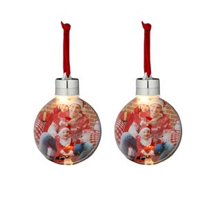 Merkloos 2x stuks DIY foto/fotolijst kunststof kerstballen transparant 8 cm met verlichting -