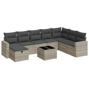 VidaXL 9-delige Loungeset met kussens poly rattan lichtgrijs