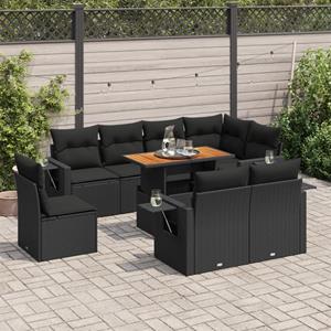 VidaXL 9-delige Loungeset met kussens poly rattan zwart