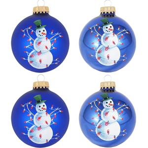 Krebs Kerstballen - 4x st - glazen - blauw - met sneeuwpop - 7 cm -
