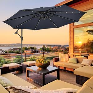 Costway 3 m Tuinparasol met Zandzakken Parasol met 32 LED-lichten UV-Bescherming Terrasparasol voor Tuin Zwembad Terras Donkerblauw