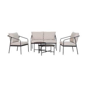 Lisomme Nikki tuin loungeset zwart 5 delig - tweezitsbank, stoelen en salontafels - met grijze zitkussens