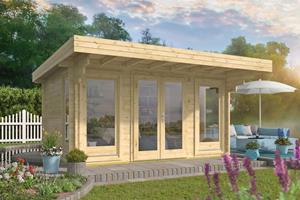 Van Kooten Tuin en Buitenleven Blokhut Lory 415x330 cm + luifel 120 cm - Grijs geïmpregneerd