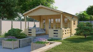 Van Kooten Tuin en Buitenleven Blokhut Sanstrov 380x320 cm + luifel 270 cm - Red class wood geïmpregneerd