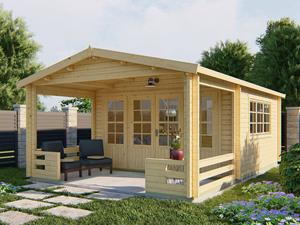 Van Kooten Tuin en Buitenleven Blokhut Ipswich 440x440 cm + luifel 223 cm - Red class wood geïmpregneerd