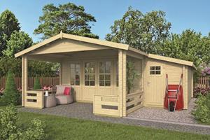 Van Kooten Tuin en Buitenleven Blokhut Manchester 440x440 cm + luifel 223 cm + zijaanbouw 150 cm - red class wood geïmpregneerd