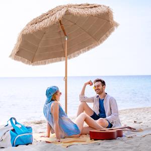Costway Terrasparasol met Rieten Dak 208 cm Strandparasol Kantelbaar 8 Baleinen Draagbare en Lichtgewicht Paraplu Zonbescherming voor Zwembad