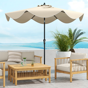 Costway 280 cm Terras Parasol met Zwengel Kanteling met Drukknop Marktparasol met Dubbele Luifel Robuust Buitenparasol Marineblauw/Beige