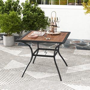 Costway Vierkante Terrastafel voor 4 Personen Bistrotafel met Houten Blad en Stevig Metalen Frame Buitentafel met Verstelbaar Parasolgat