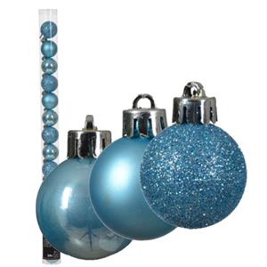 Decoris Mini kerstballen - 14x st - lichtblauw - D3 cm - kunststof -