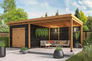 Van Kooten Tuin en Buitenleven DHZ berging Hellendoorn 700x400 cm incl. dubbele deur - horizontale wanden zwart geïmpregneerd