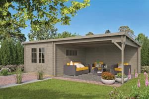Van Kooten Tuin en Buitenleven Blokhut Anton 300x400 cm + luifel 400 cm - zilvergrijs geïmpregneerd