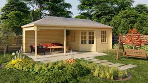 Van Kooten Tuin en Buitenleven Blokhut Paiva 350x350 cm + luifel 450 cm - Red class wood geïmpregneerd