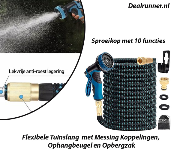 Dealrunner 30 Meter Flexibele Tuinslang  met Messing Koppelingen, Ophangbeugel en Opbergzak