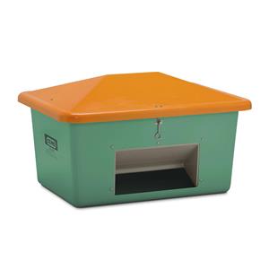 CEMO Strooigoedbak van glasvezelversterkte kunststof, inhoud 550 l, met uitschepopening, bak groen