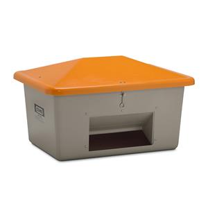 CEMO Strooigoedbak van glasvezelversterkte kunststof, inhoud 550 l, met uitschepopening, bak grijs