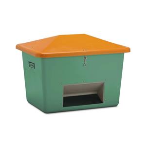 CEMO Strooigoedbak van glasvezelversterkte kunststof, inhoud 700 l, met uitschepopening, bak groen