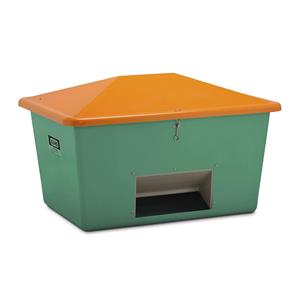 CEMO Strooigoedbak van glasvezelversterkte kunststof, inhoud 1100 l, met uitschepopening, bak groen