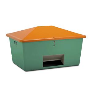 CEMO Strooigoedbak van glasvezelversterkte kunststof, inhoud 1500 l, met uitschepopening, bak groen