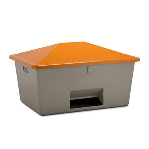 CEMO Strooigoedbak van glasvezelversterkte kunststof, inhoud 1500 l, met uitschepopening, bak grijs