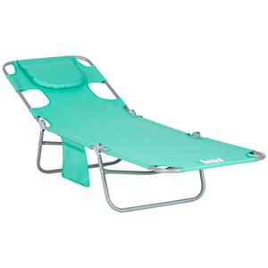 Outsunny Tuinligstoel, Ligstoel met Gewatteerde Hoofdopening, Massage-Ligstoel voor Buiten, Zijvak, Stof, Metaal, Groen