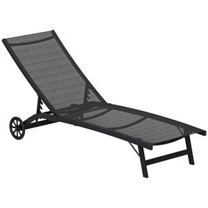 Outsunny Zonneligstoel met 5-Standen Verstelbare Rugleuning, Ademende Stof, Aluminium Frame, Zwart, 195 x 66 x 34 cm