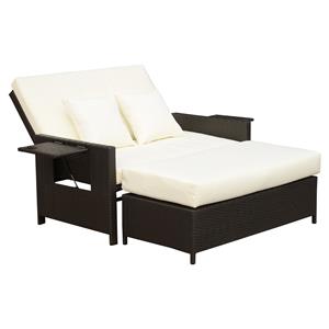 Outsunny poly-rotan loungebank, 2-zits set, weerbestendig, comfortabele ligstoel met kruk, perfect voor tuin, bruin | Aosom.nl