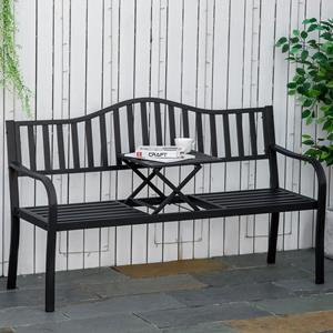 Outsunny Tuinbank met uitschuifbare tafel voor 2-3 personen, Metalen parkbank met rugleuning, armleuningen, 150 x 58,5 x 90 cm, Zwart | Aosom.nl