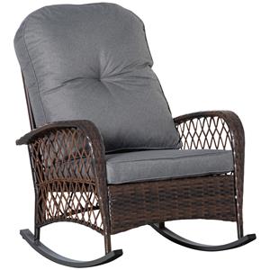 Outsunny schommelstoel, luxe poly rotan, comfortabele tuinstoel met kussen, weerbestendig, perfect voor buiten, 75 x 103 x 96 cm, bruin | Aosom.nl