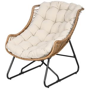 Outsunny Tuin Lounge, stijlvolle rotan look, comfortabele buitenstoel met kussen, robuust metalen frame, 75x101x90 cm, natuur/khaki/zwart | Aosom.nl